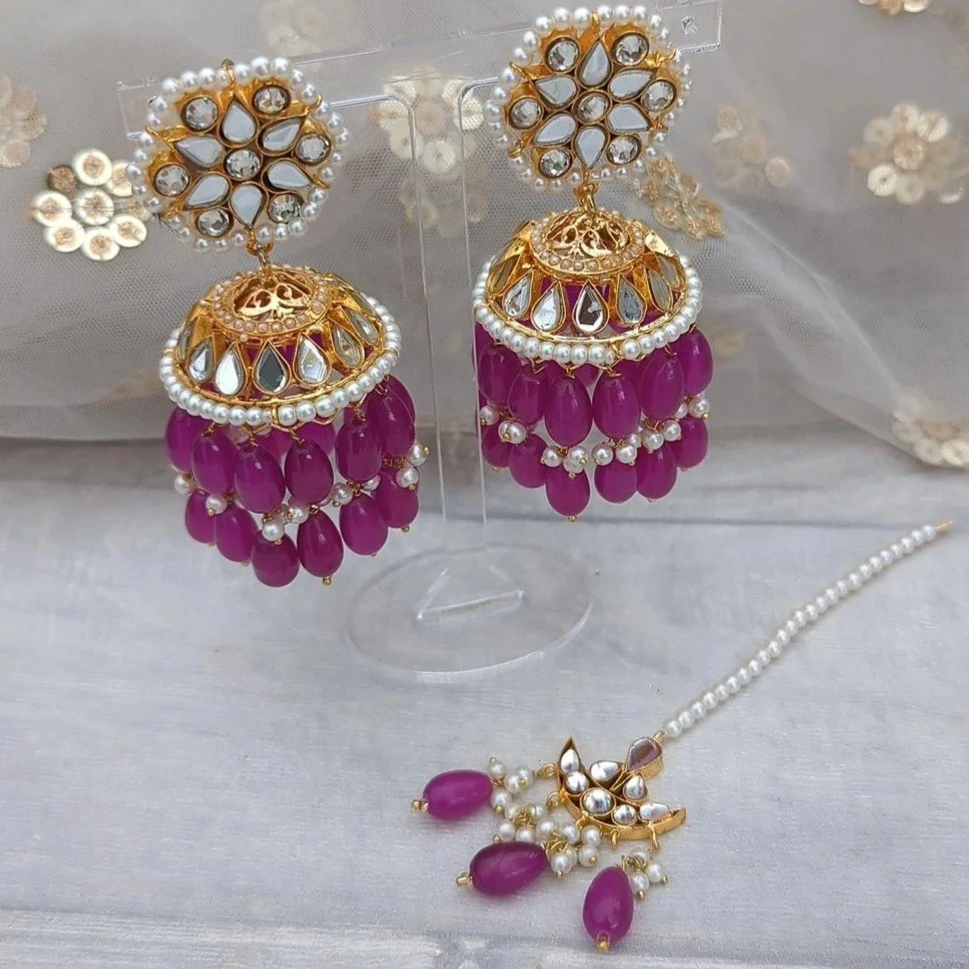 Purple Magenta Gold Silver Mirror Stone Jhumki Earring Tikka Set