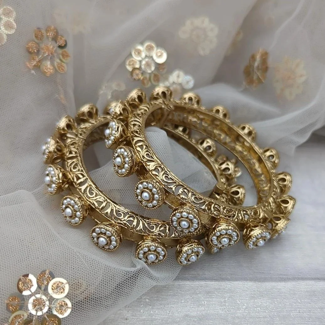 Pair of Antique Gold Pearl Gold Statement Kangan Bangles for Bangle Sets Bridal Choora Bangles