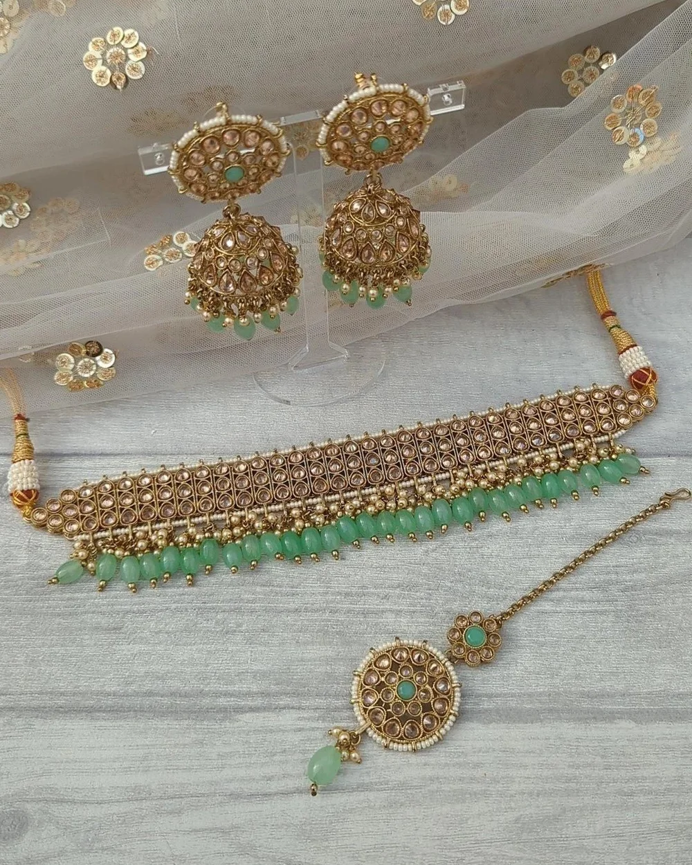 Mint Antique Gold Indian Asian Polki Stone Choker Necklace Jewellery  Jewelry Set — Glimour Jewellery