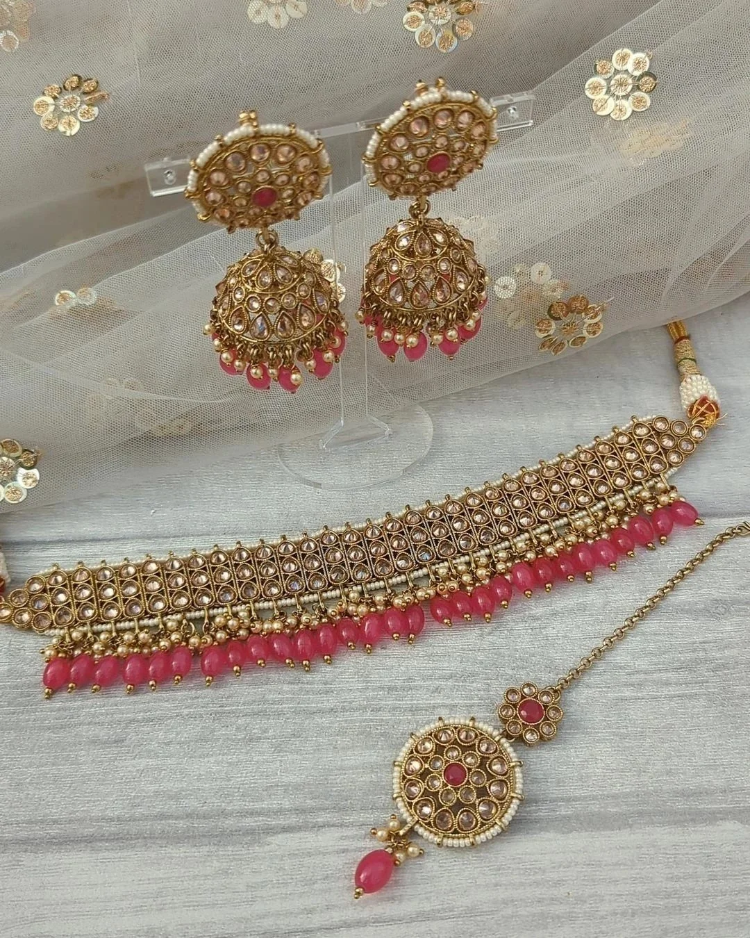 Hot Pink Antique Gold Indian Asian Polki Stone Choker Necklace Jewellery  Jewelry Set — Glimour Jewellery