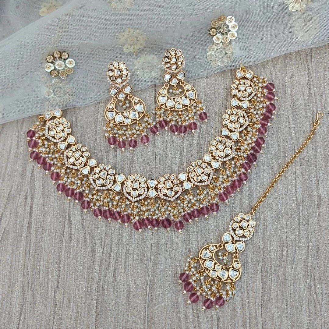 HOT Kundan Bridal Jewellery Pink Kundan Necklace Set Dusty