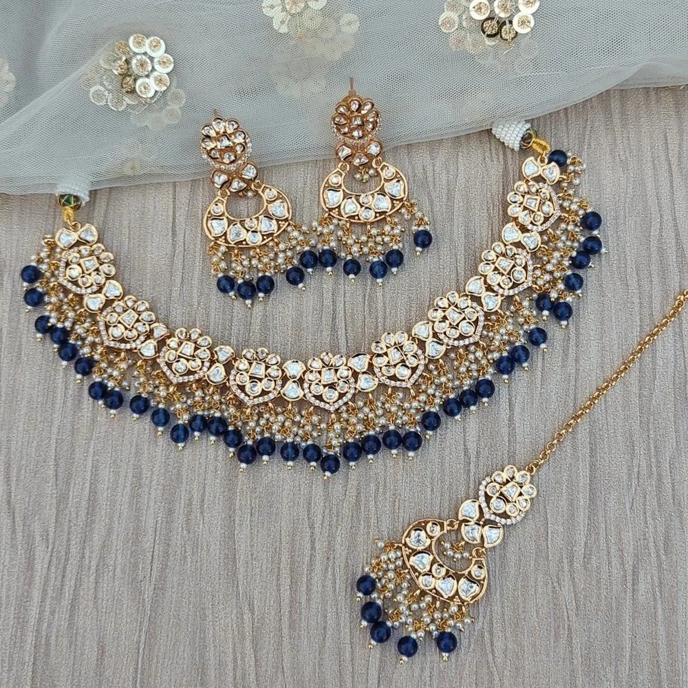 Dark Blue Navy Gold Silver Kundan Indian Asian Necklace Jewellery Jewelry  Set Wedding Party — Glimour Jewellery