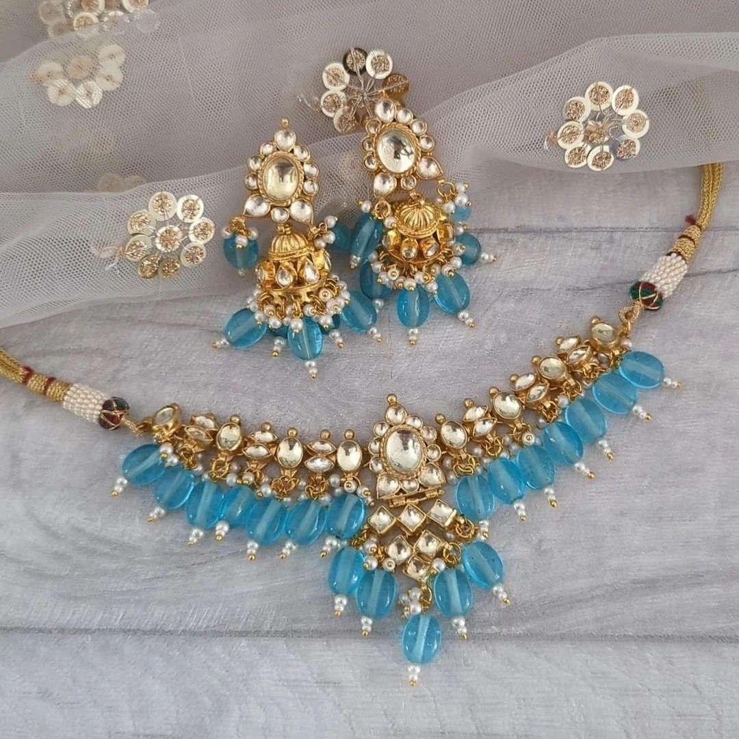 Turquoise Indian Bead Choker Necklace Turquoise Coloured Pachi