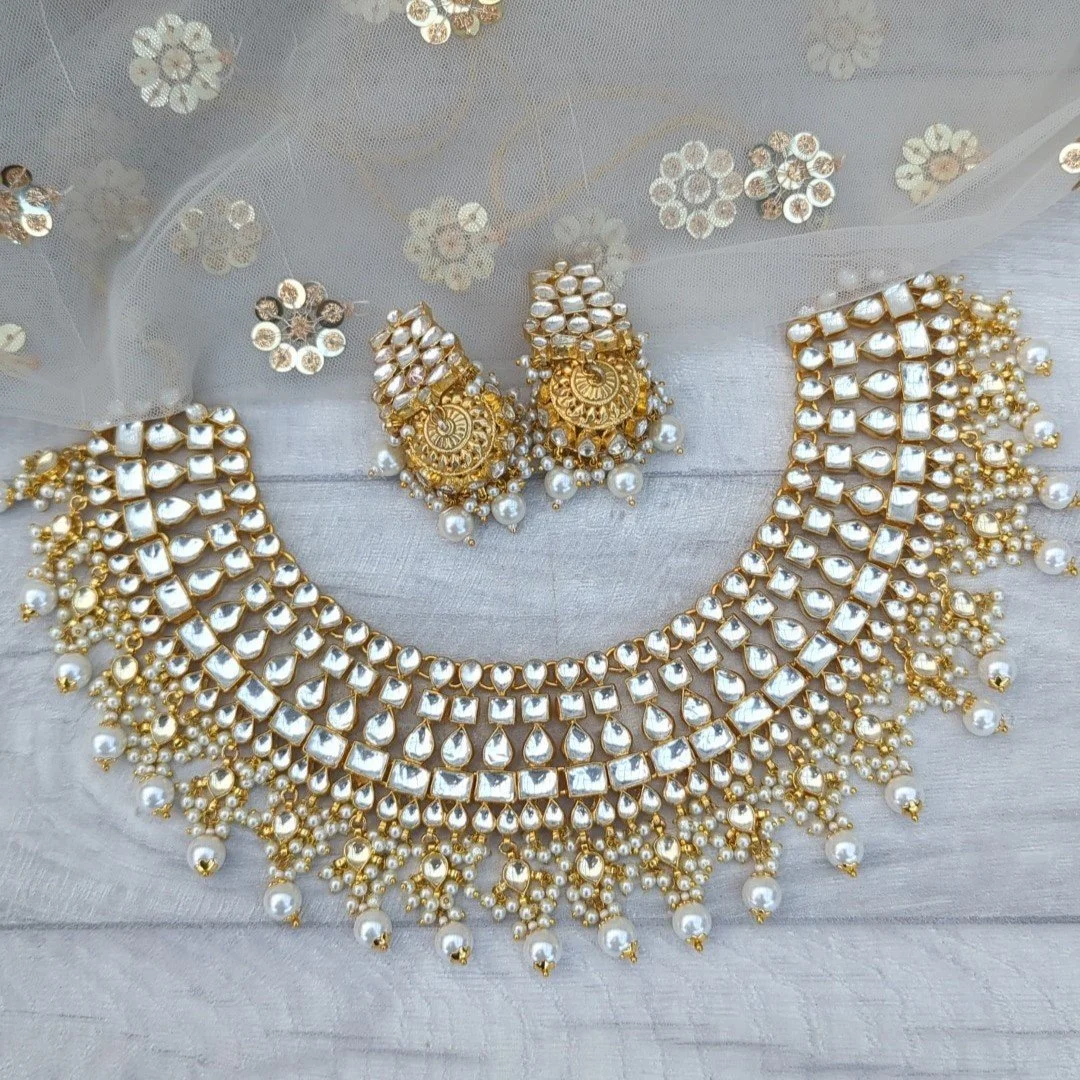 Gold Silver Pearl Bridal Indian Asian Pachi Kundan Necklace Jewellery Jewelry Set