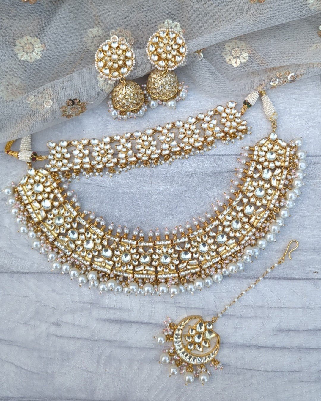 Gold Silver Pachi Kundan Choker with Necklace Bridal Jewellery Set