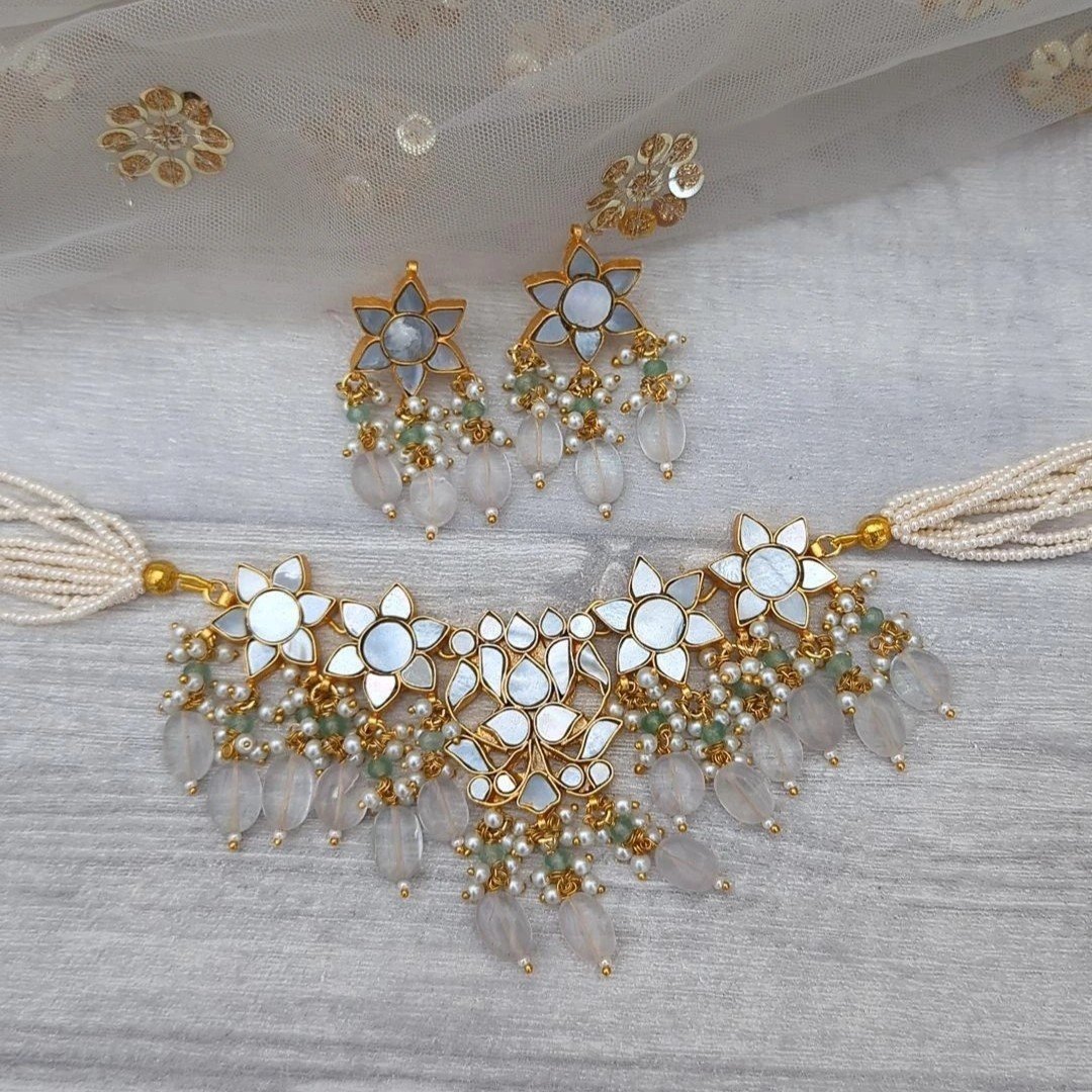 Gold Silver Mother of Pearl Choker Necklace Jewellery Set