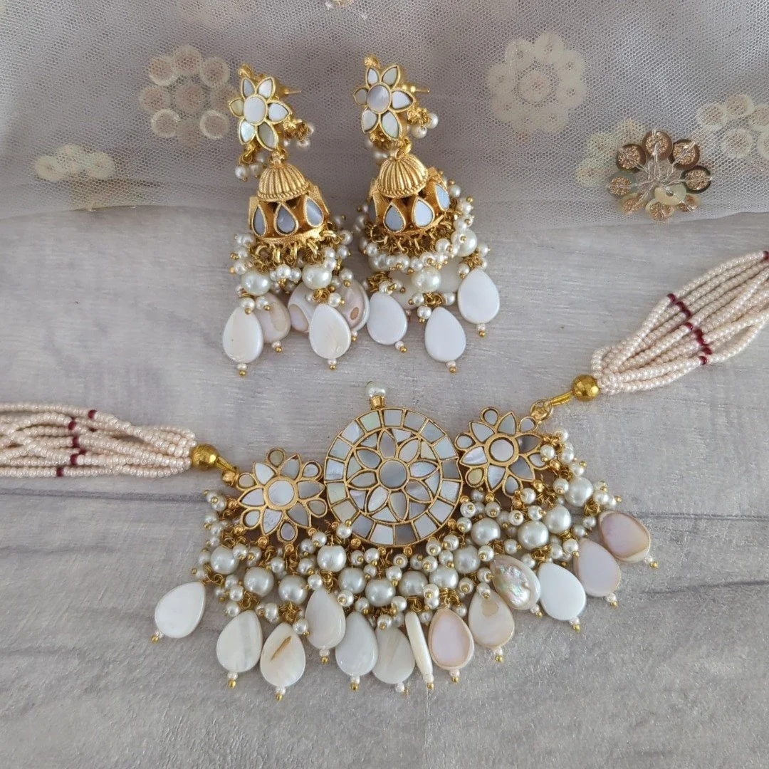 Gold White Mother of Pearl Flexible Choker Necklace Jewellery Jewelry Set  Wedding Party — Glimour Jewellery