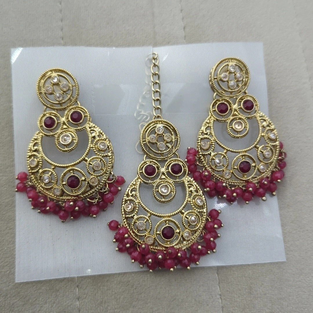 Maroon Antique Gold Tikka Earring Polki Stone Set