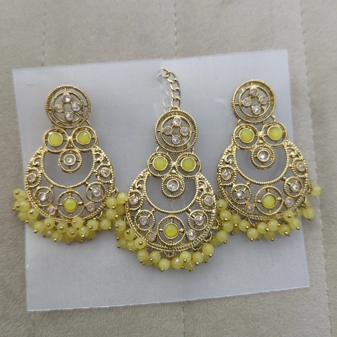 Yellow Antique Gold Tikka Earring Polki Stone Set