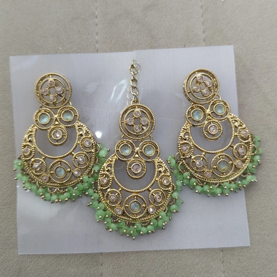 Mint Antique Gold Tikka Earring Polki Stone Set