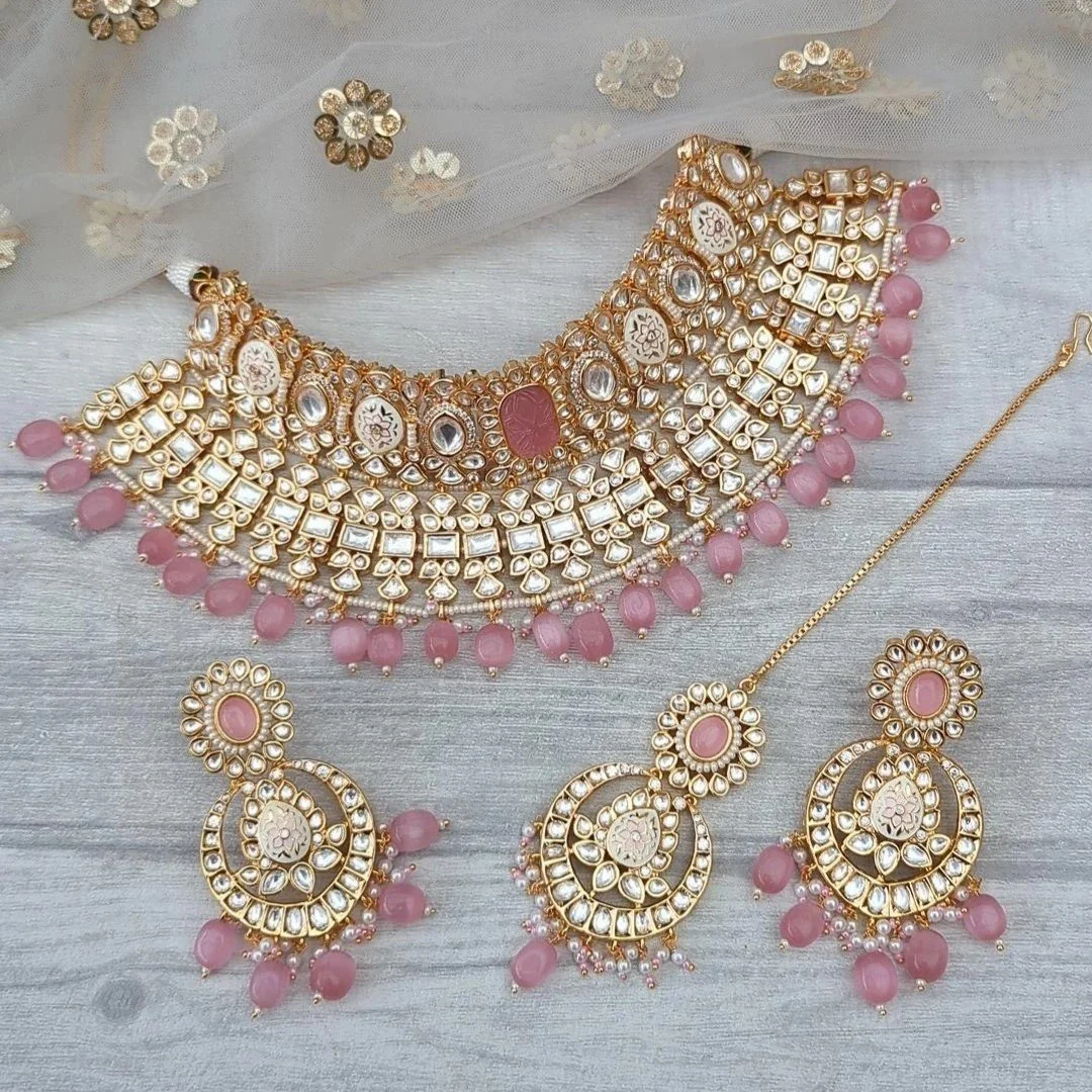 Baby Pink Meenakari Kundan Bridal Choker Necklace Jewellery Set