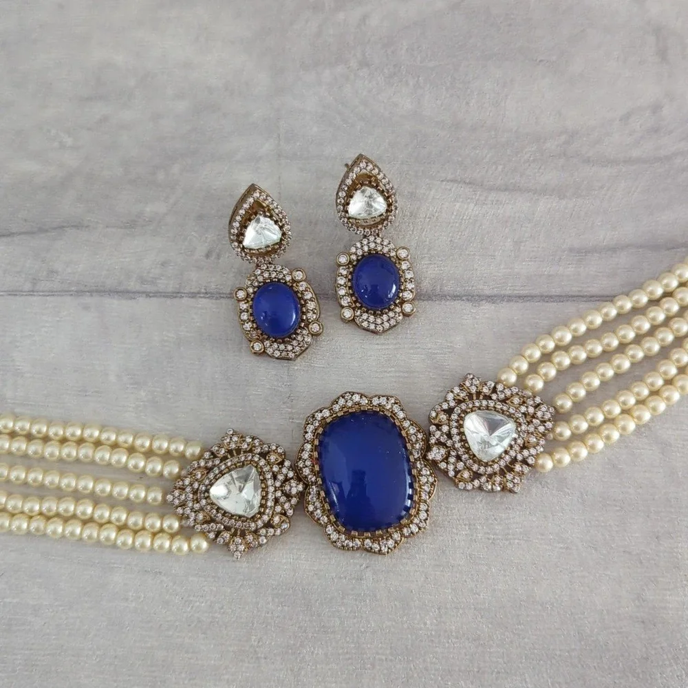 Royal Blue Pearl Gold Silver Indian Asian Uncut Kundan Choker Necklace  Jewellery Set Wedding Party — Glimour Jewellery