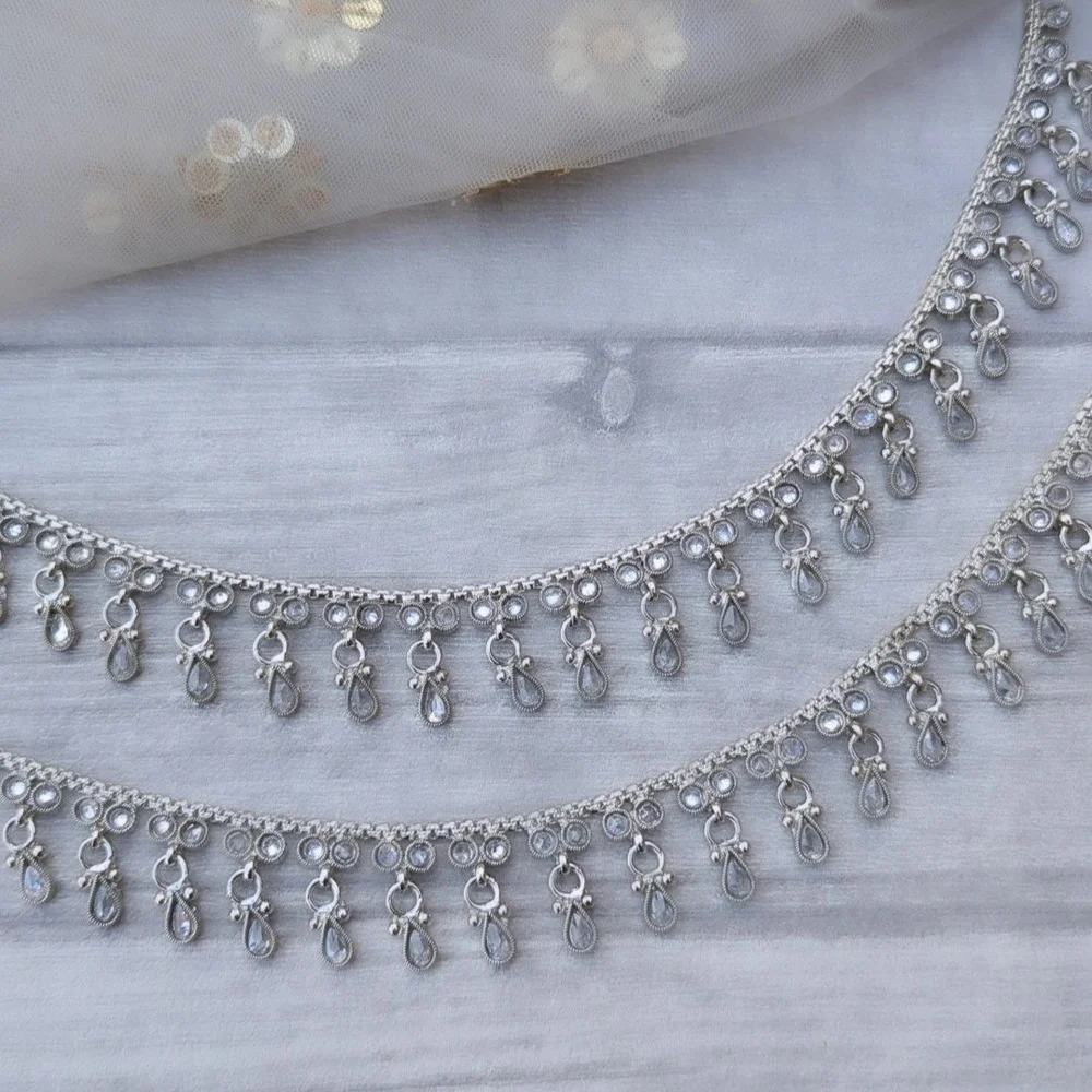 Full Silver Pair of Polki Stone Indian Asian Jhanjara Anklets Payals —  Glimour Jewellery