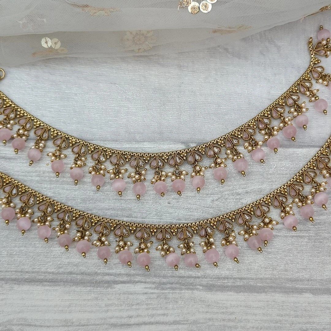 Pair of Baby Pink Antique Gold Polki Stone Pearl Jhanjara Payals