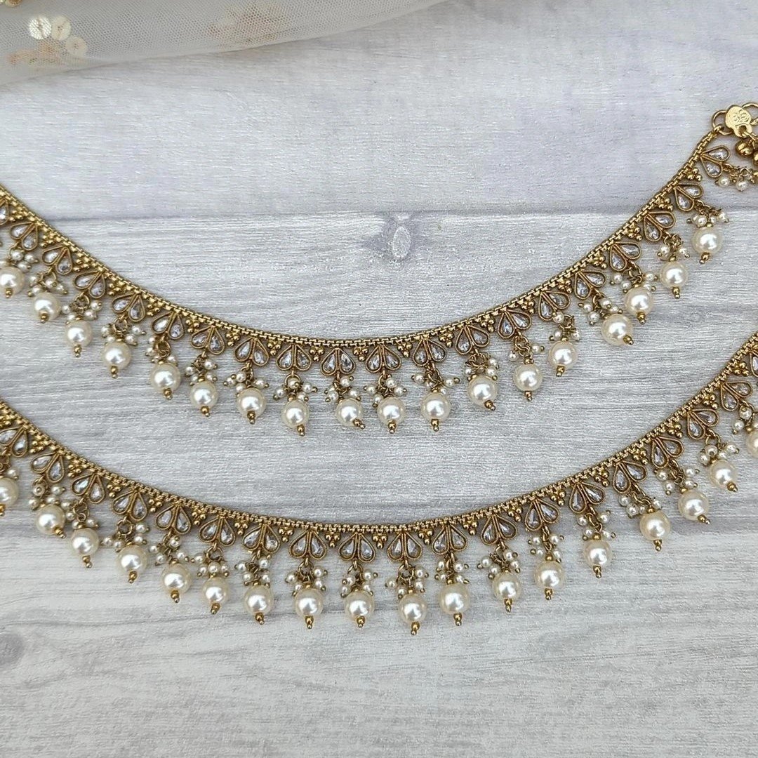 Pair of Gold Silver Polki Stone Pearl Jhanjara Payals