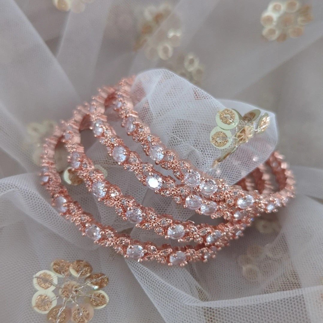 Rose Gold Silver Set of 4 American Diamond Kangan Bangles