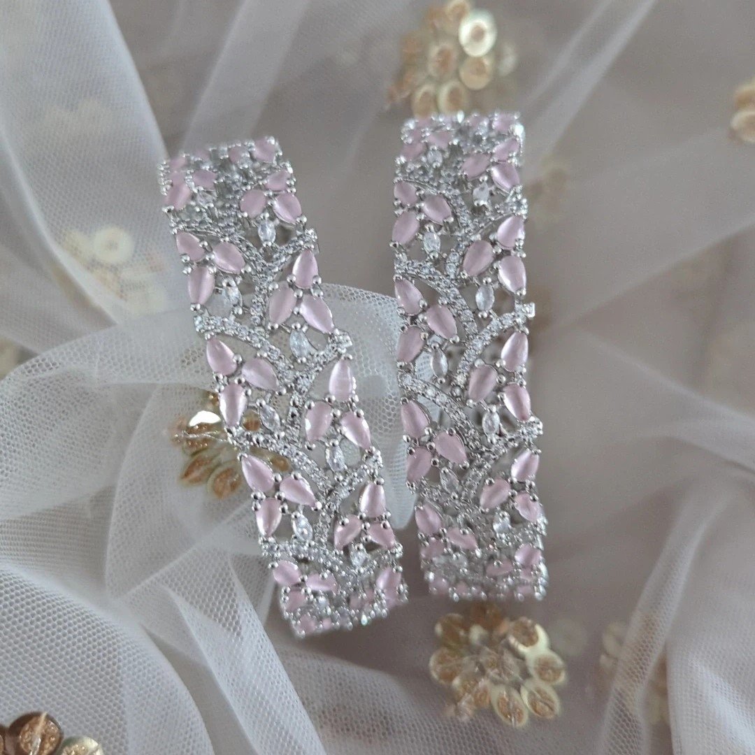 Pair of Muted Baby Pink Silver American Diamond Kangan Bangles