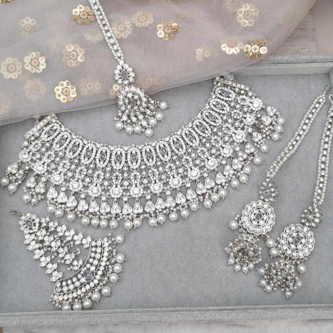 Full Silver Ivory White Indian Asian Bridal Necklace Jewellery Set Wedding  — Glimour Jewellery