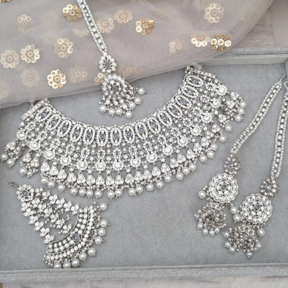 Full Silver Ivory White Indian Asian Bridal Necklace Jewellery Set Wedding  — Glimour Jewellery