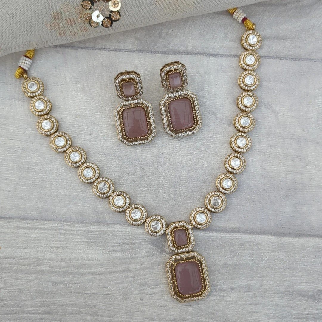 Mauve Lilac Gold Silver Simple Cubic Zirconia & Moissanite Necklace Set