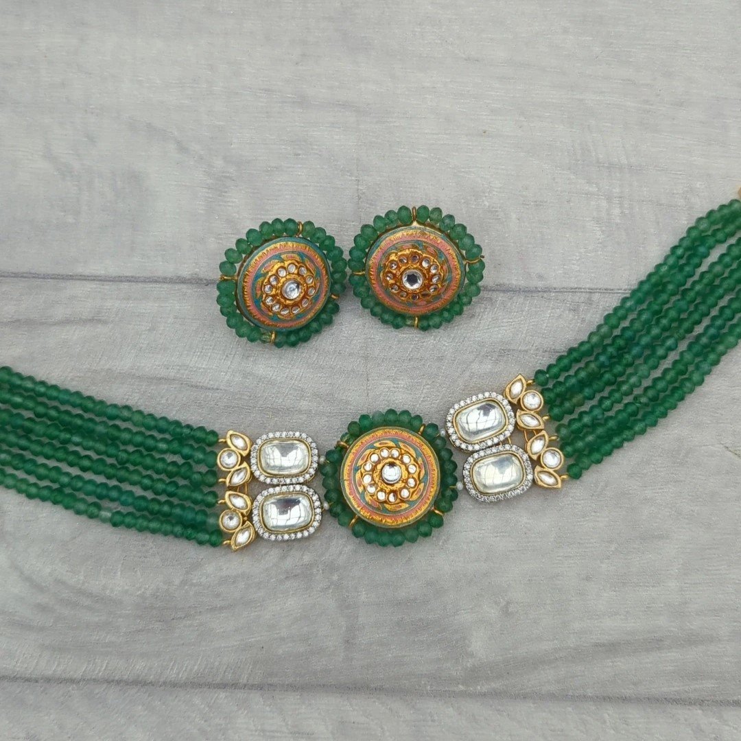 Green Silver Meenakari Kundan Choker Necklace Jewellery Set