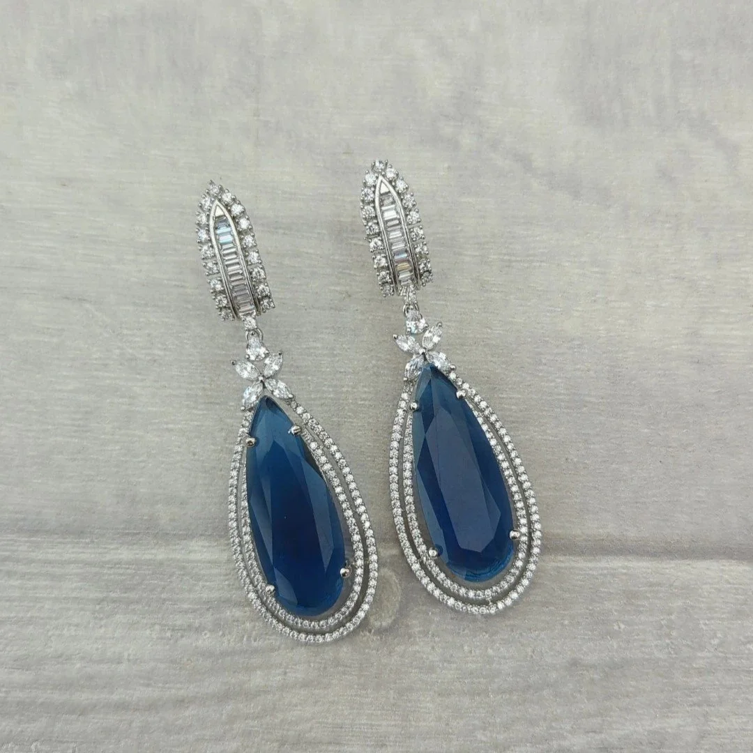 Dark Blue Navy Silver Drop Dangle American Diamond Earrings Western Style —  Glimour Jewellery