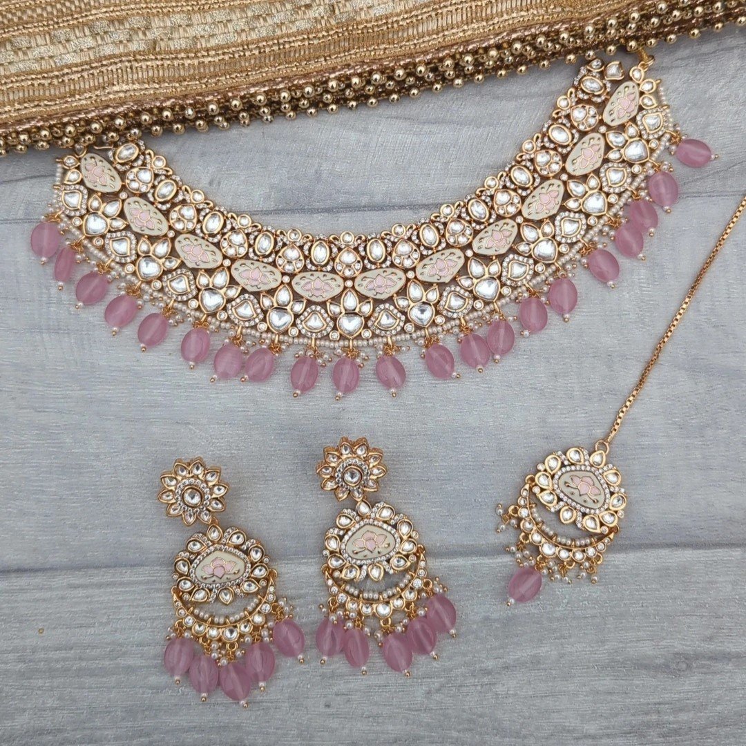 Baby Pink Meenakari Kundan Choker Necklace Jewellery Set