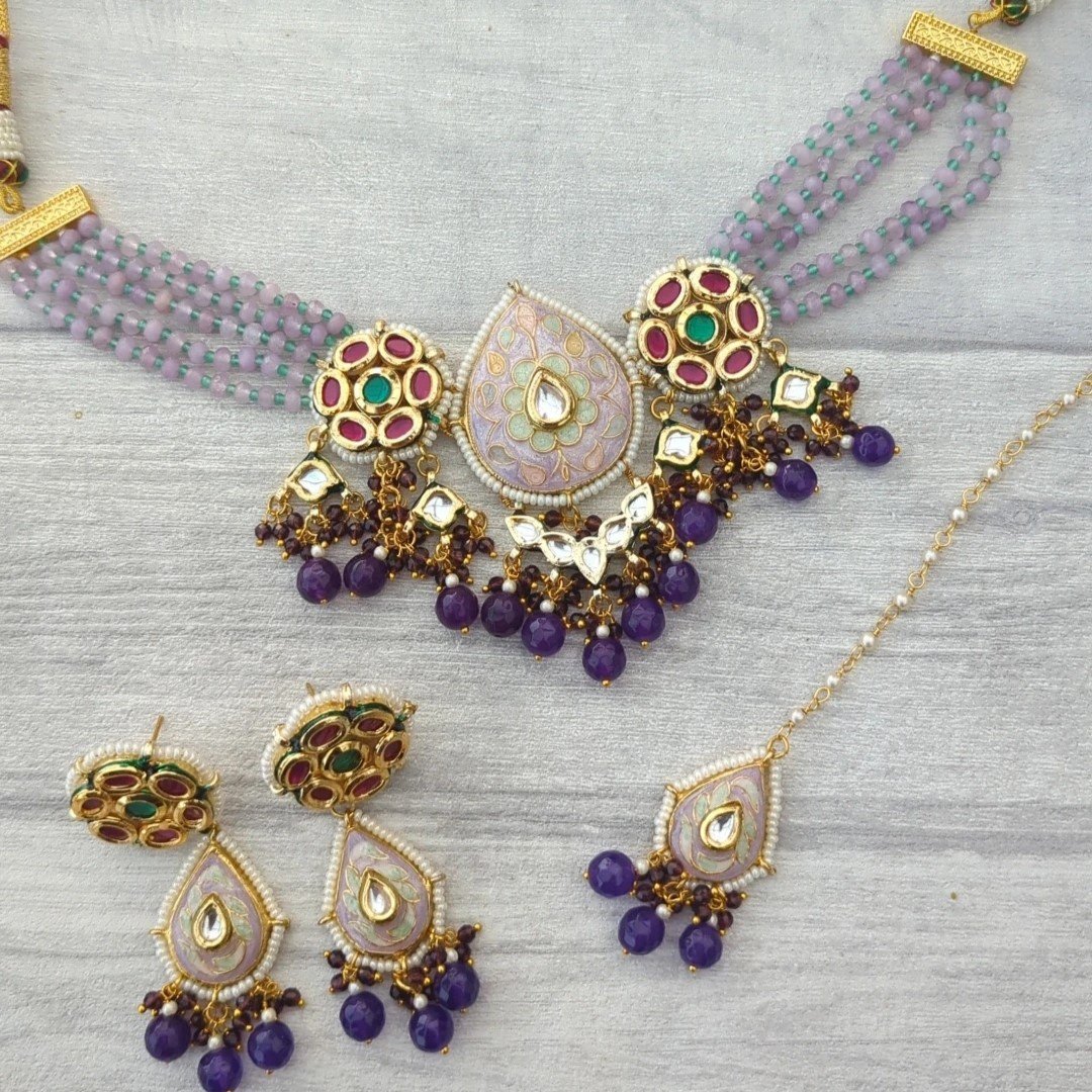 Purple Lilac Meenakari Kundan Flexible Choker Necklace Jewellery Set