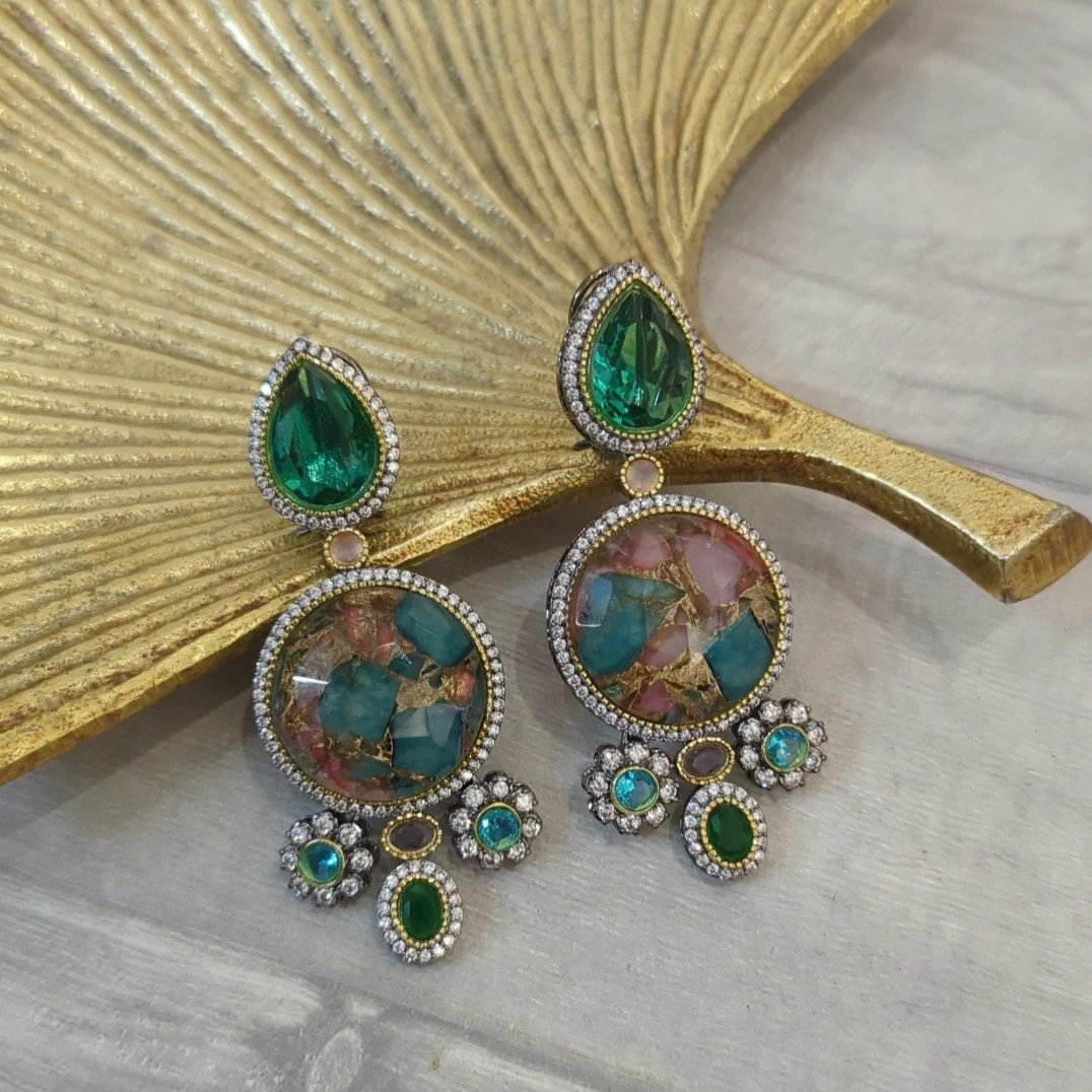 Multi Silver Moissanite Chandelier Earrings with Doublet Marble Stonework