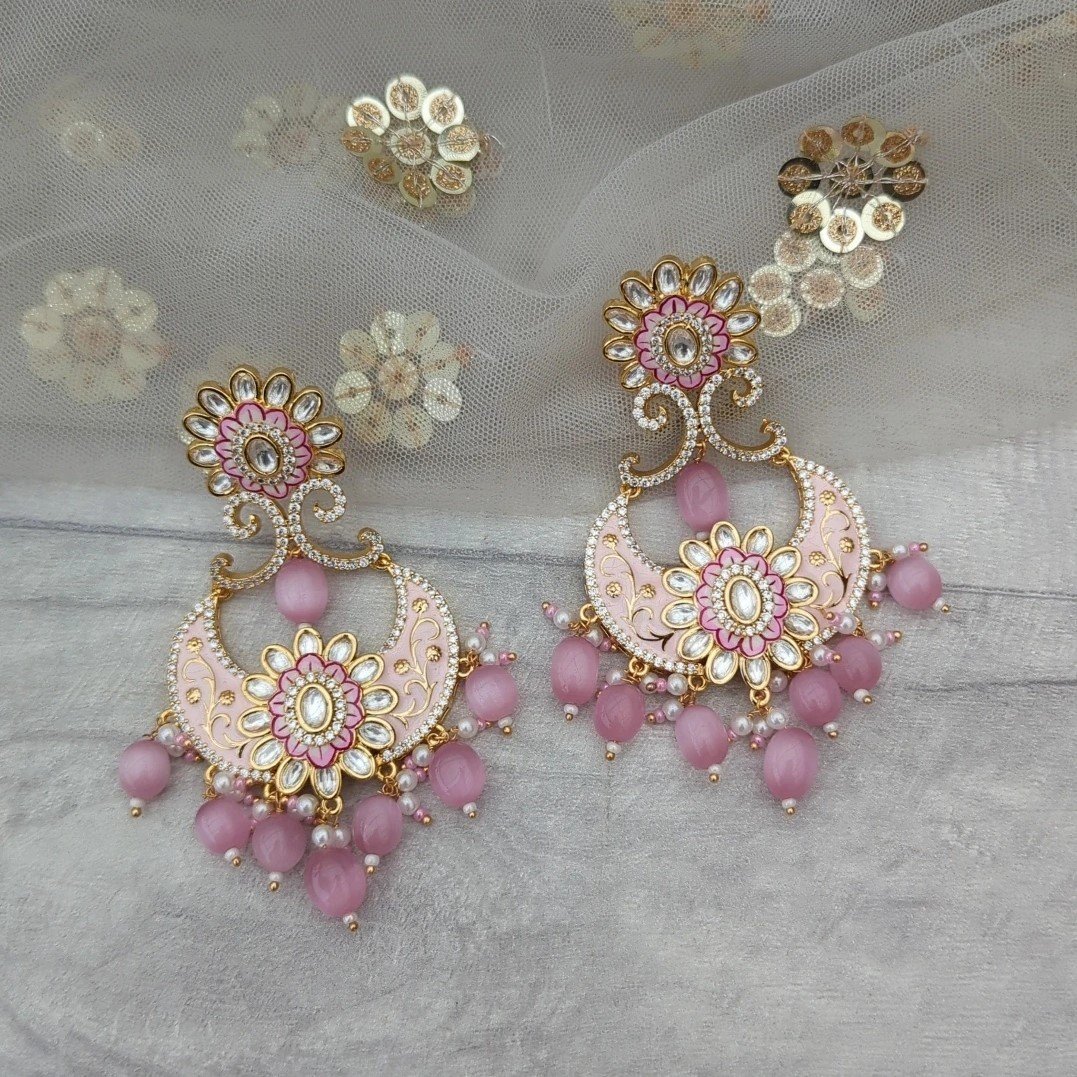 Baby Pink Meenakari Kundan Drop Dangle Stone Earrings