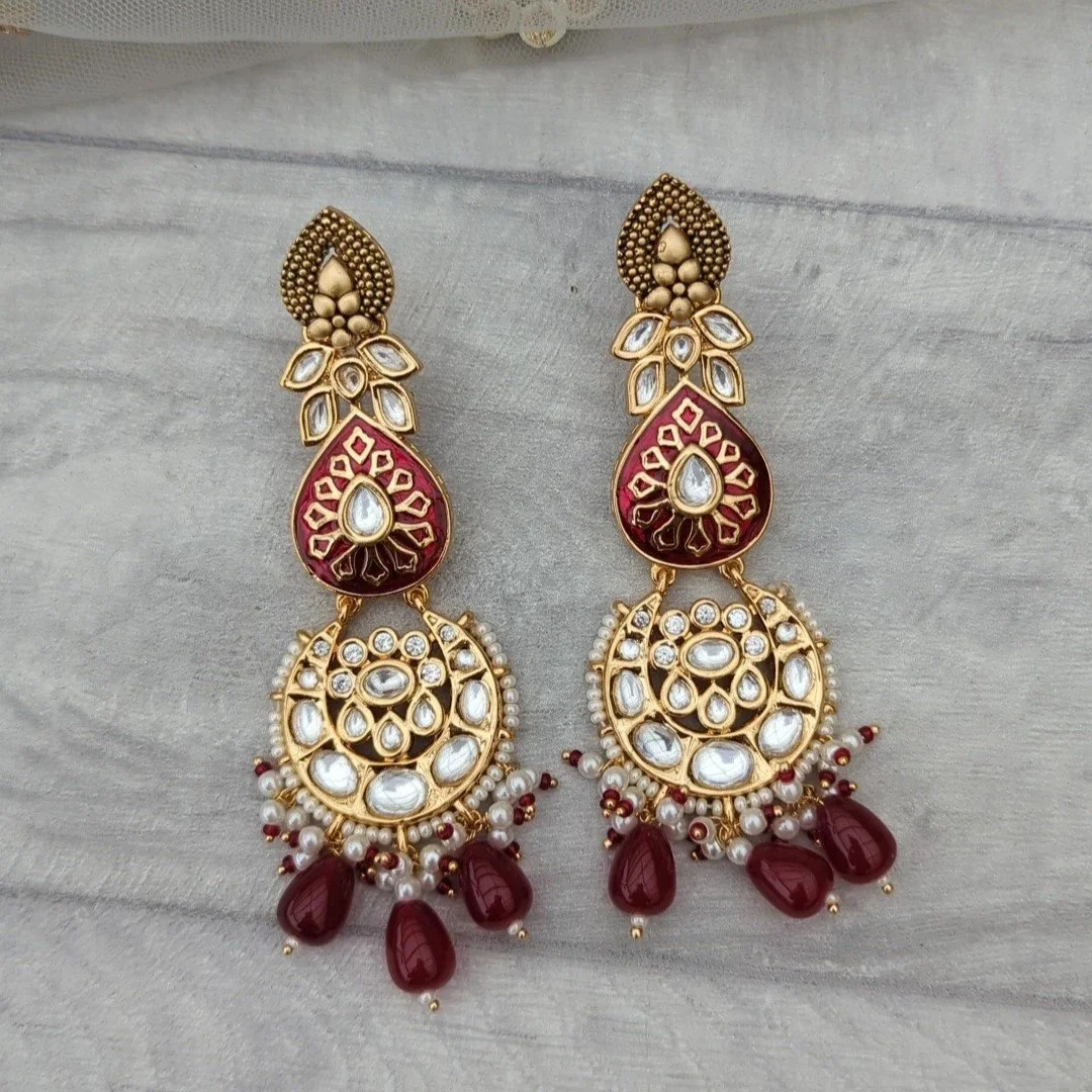 Maroon Gold Silver Meenakari Kundan Earrings