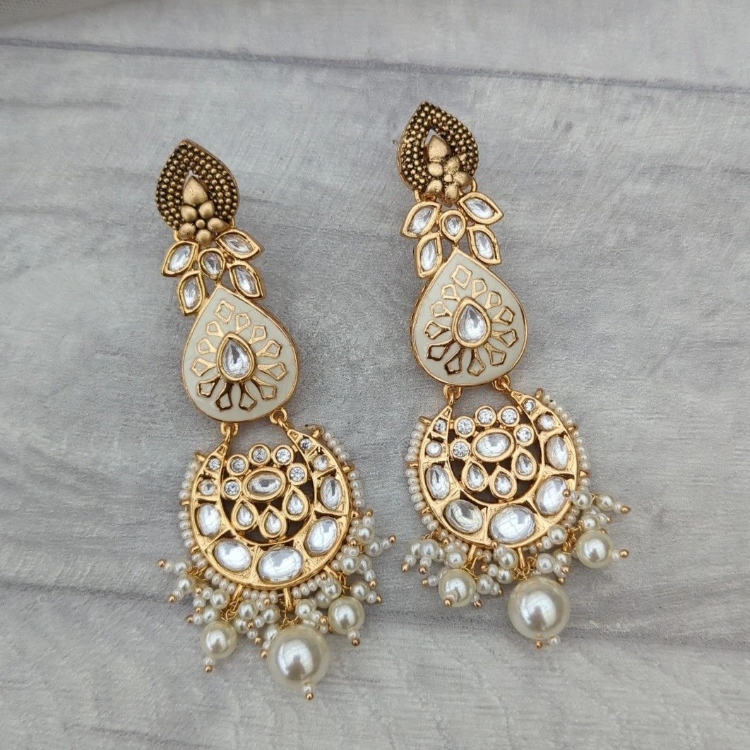 Ivory Neutral Gold Silver Meenakari Kundan Earrings