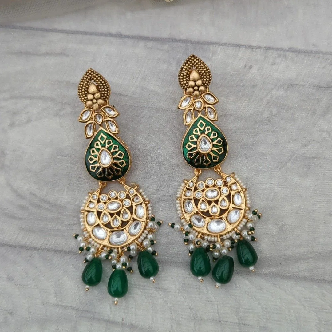 Green Gold Silver Meenakari Kundan Earrings