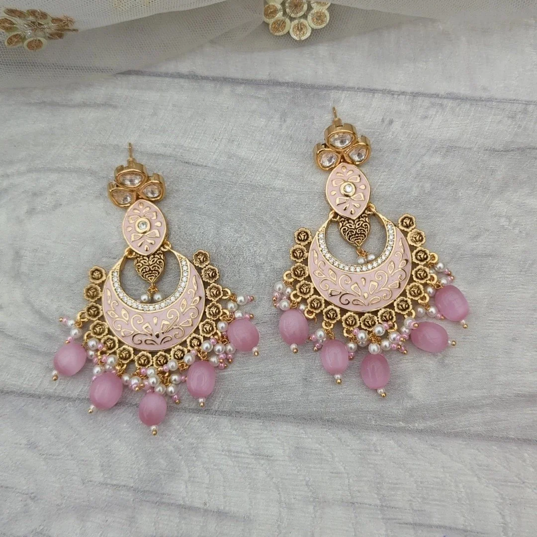 Baby Pink Gold Silver Meenakari Kundan Drop Dangle Earrings