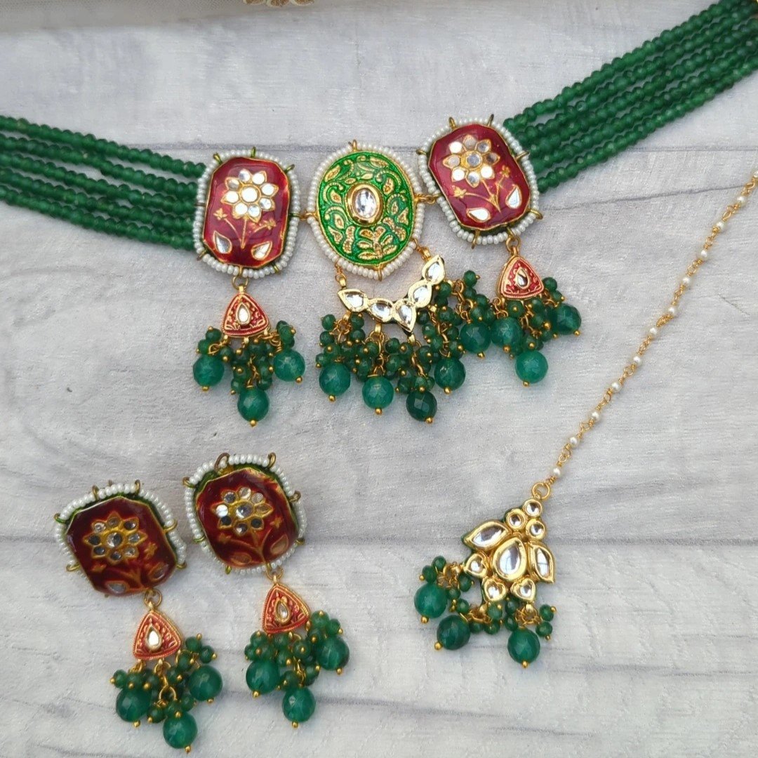 Green Meenakari Kundan Choker Jewellery Set