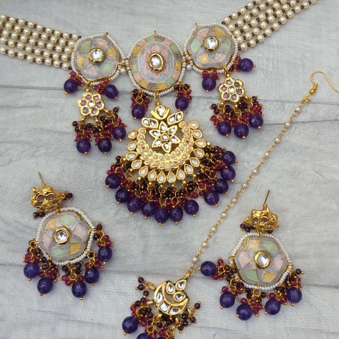 Purple Pastel Meenakari Flexible Choker Necklace Jewellery Set