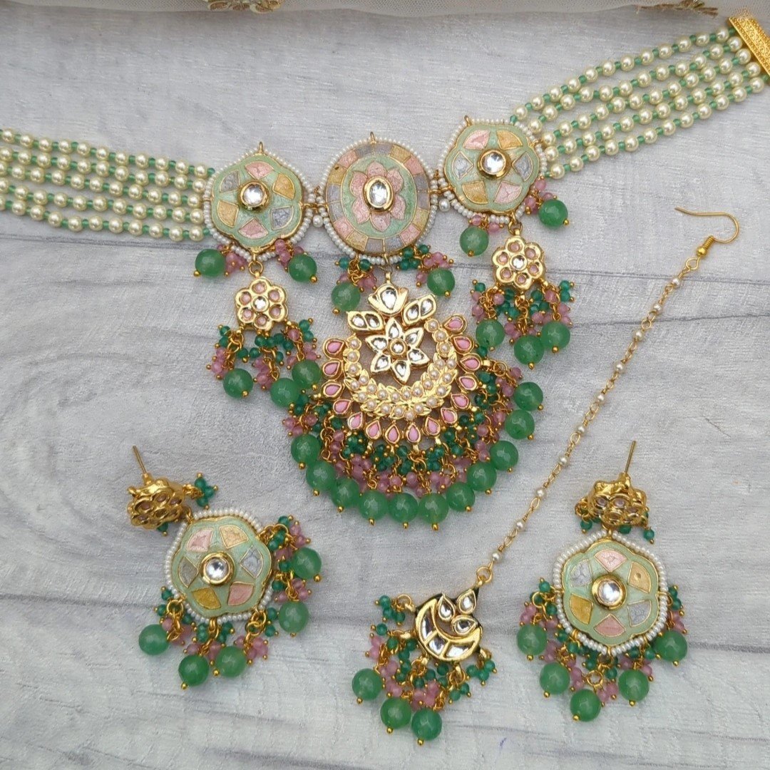Mint Pastel Meenakari Flexible Choker Necklace Jewellery Set