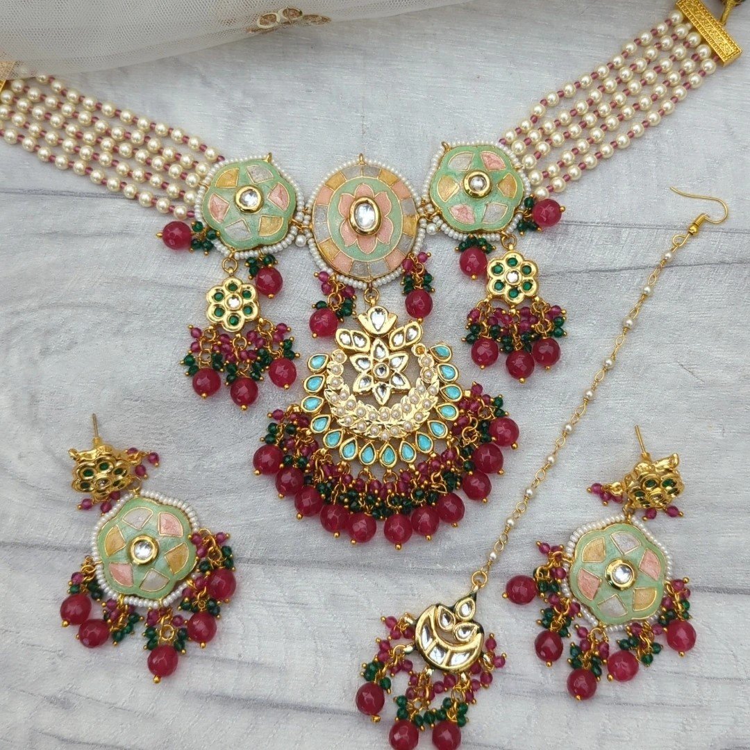 Ruby Pink Pastel Meenakari Flexible Choker Necklace Jewellery Set