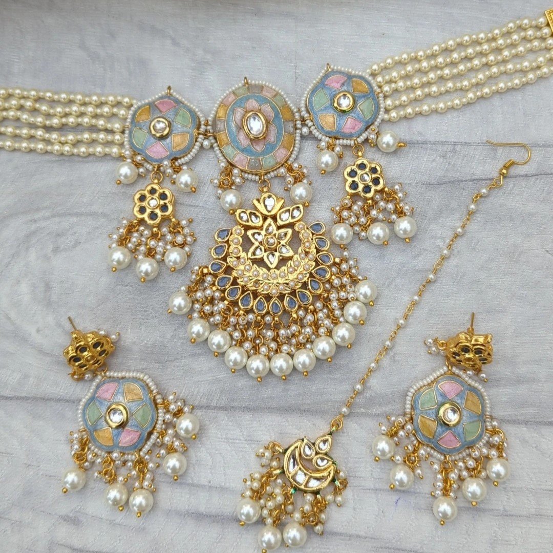 Neutral Pastel Meenakari Flexible Choker Necklace Jewellery Set