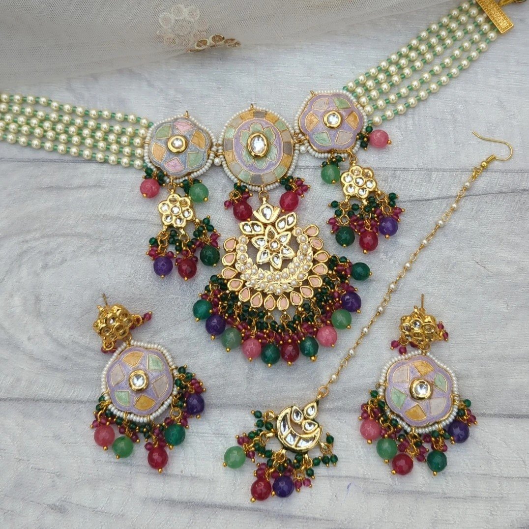 Multi Pastel Meenakari Flexible Choker Necklace Jewellery Set