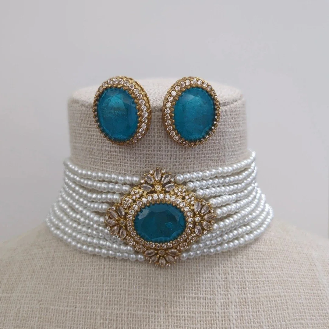 Turquoise Blue Gold Silver Pearl American Diamond Choker Jewellery Jewelry  Set Wedding — Glimour Jewellery