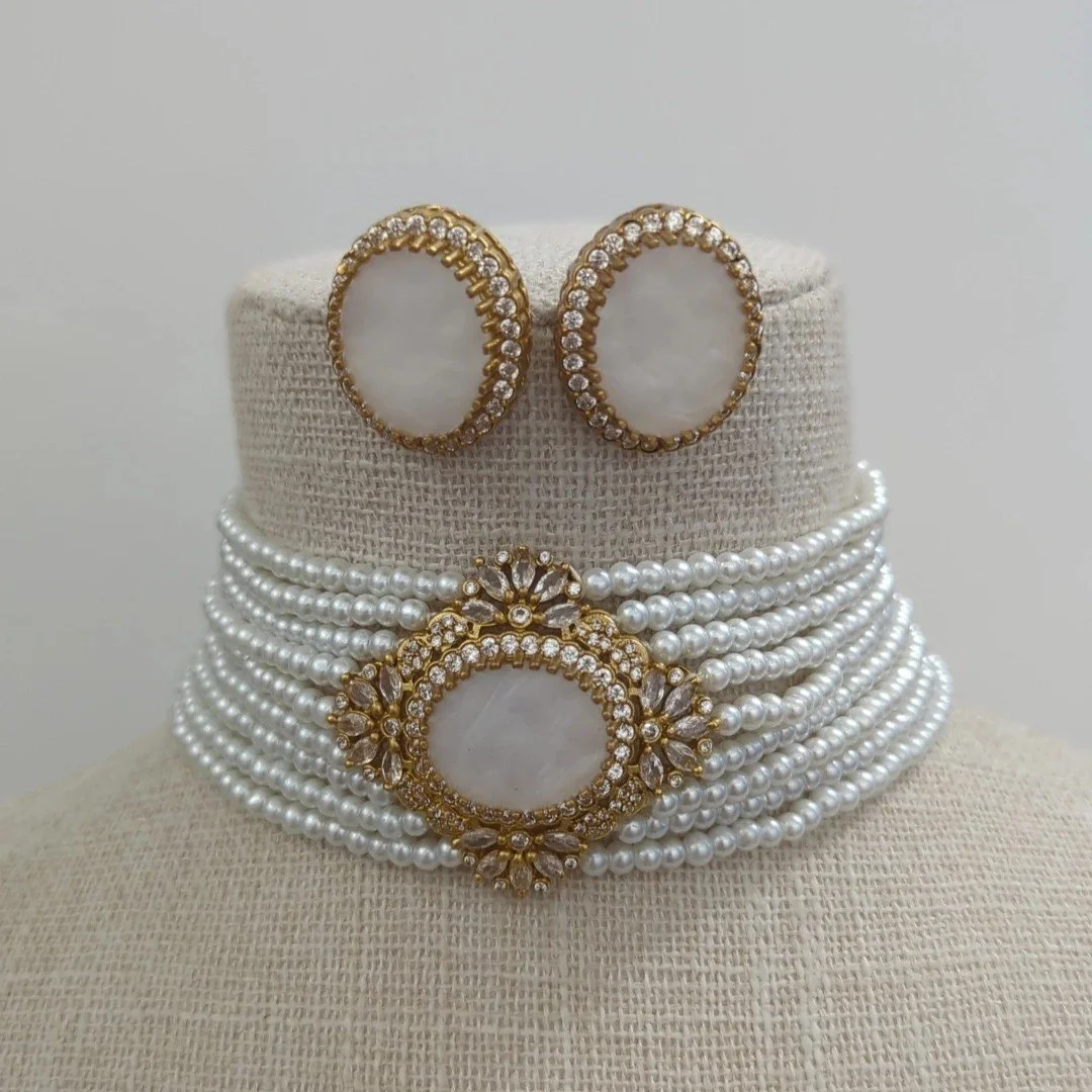 Neutral White Gold Silver Pearl American Diamond Choker Jewellery