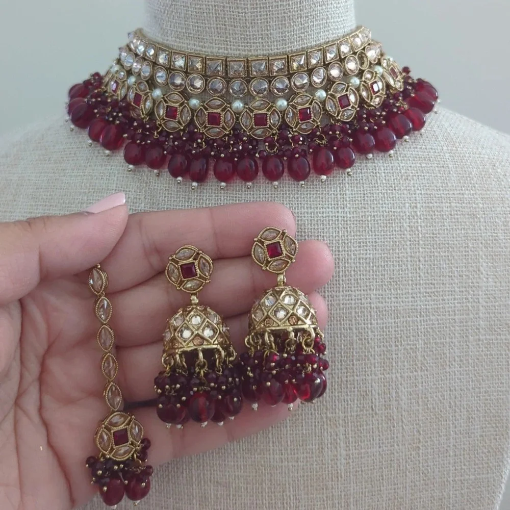 Maroon Burgundy Antique Gold Indian Polki Crystal Choker Jewellery Jewelry  Set — Glimour Jewellery - Main Image