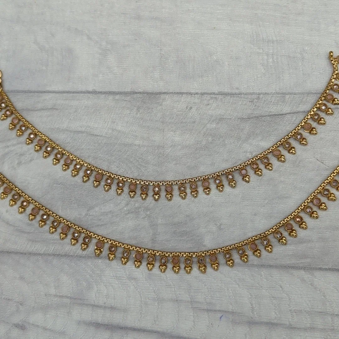 Baby Pink Antique Gold Polki Stone Jhanjara Payals
