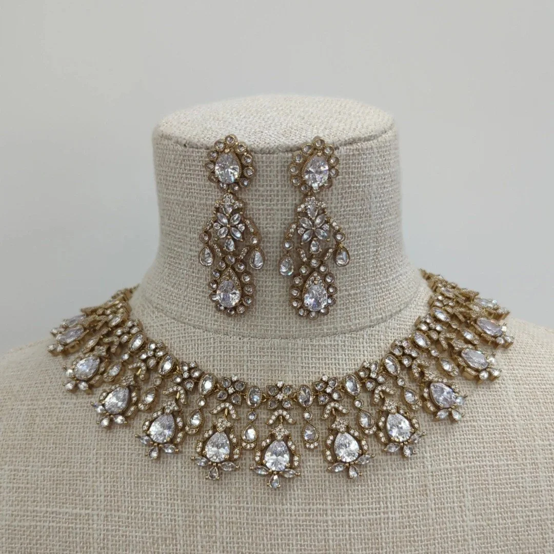 Gold Silver American Diamond Neckline Jewellery Jewelry Set Wedding Party