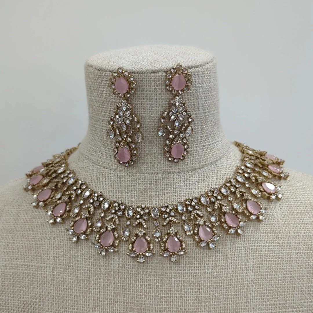 Baby Pink Gold Silver American Diamond Neckline Jewellery Jewelry Set Wedding Party