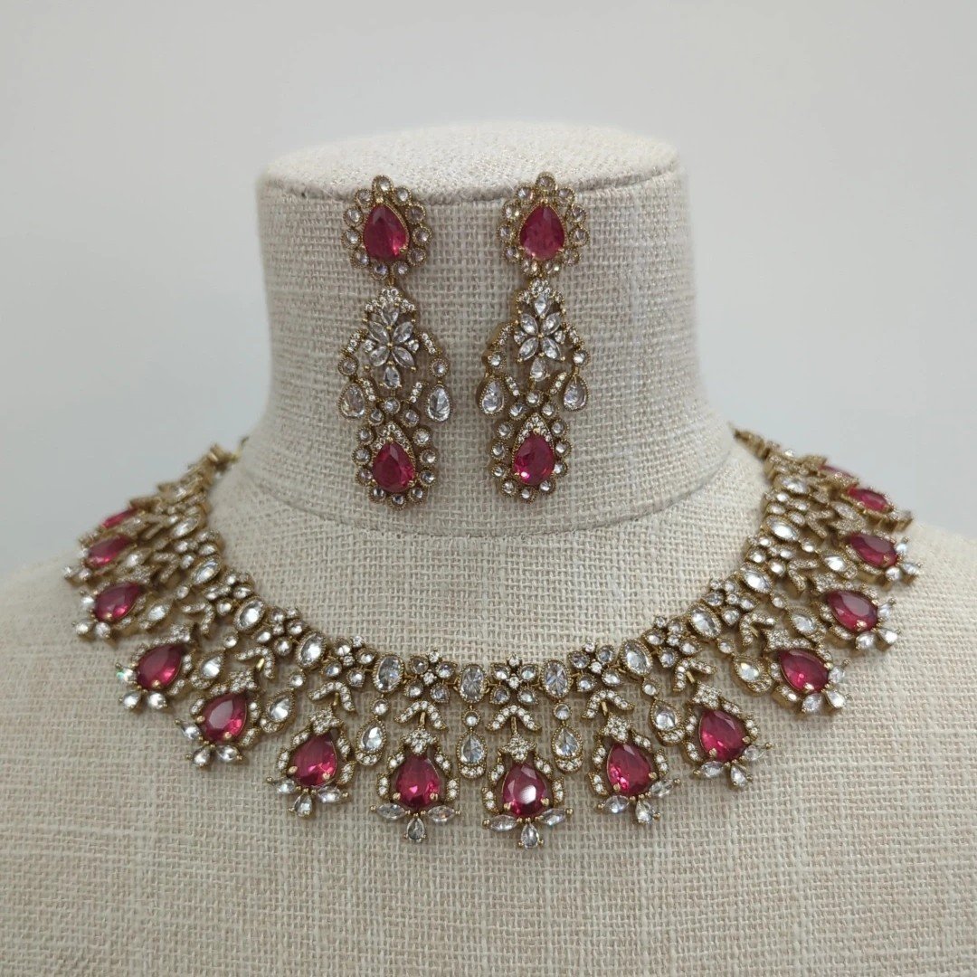 Ruby Gold Silver American Diamond Neckline Jewellery Jewelry Set Wedding Party