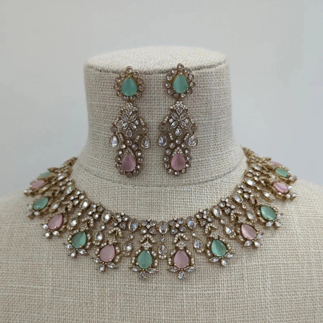 Mint Baby Pink Gold Silver American Diamond Neckline Jewellery Jewelry Set Wedding Party