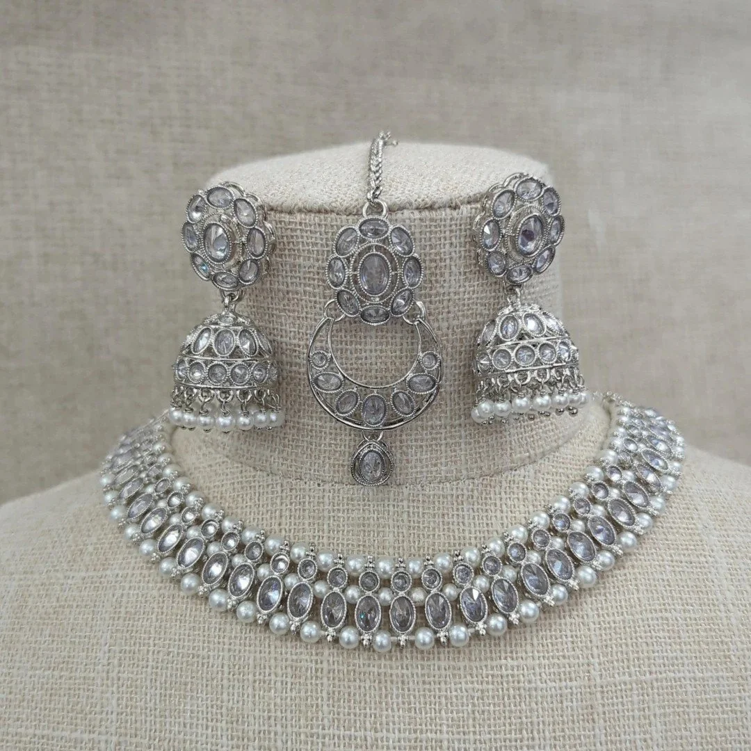 Full Silver Polki Stone 'ANUSHA' Necklace Jewellery Set
