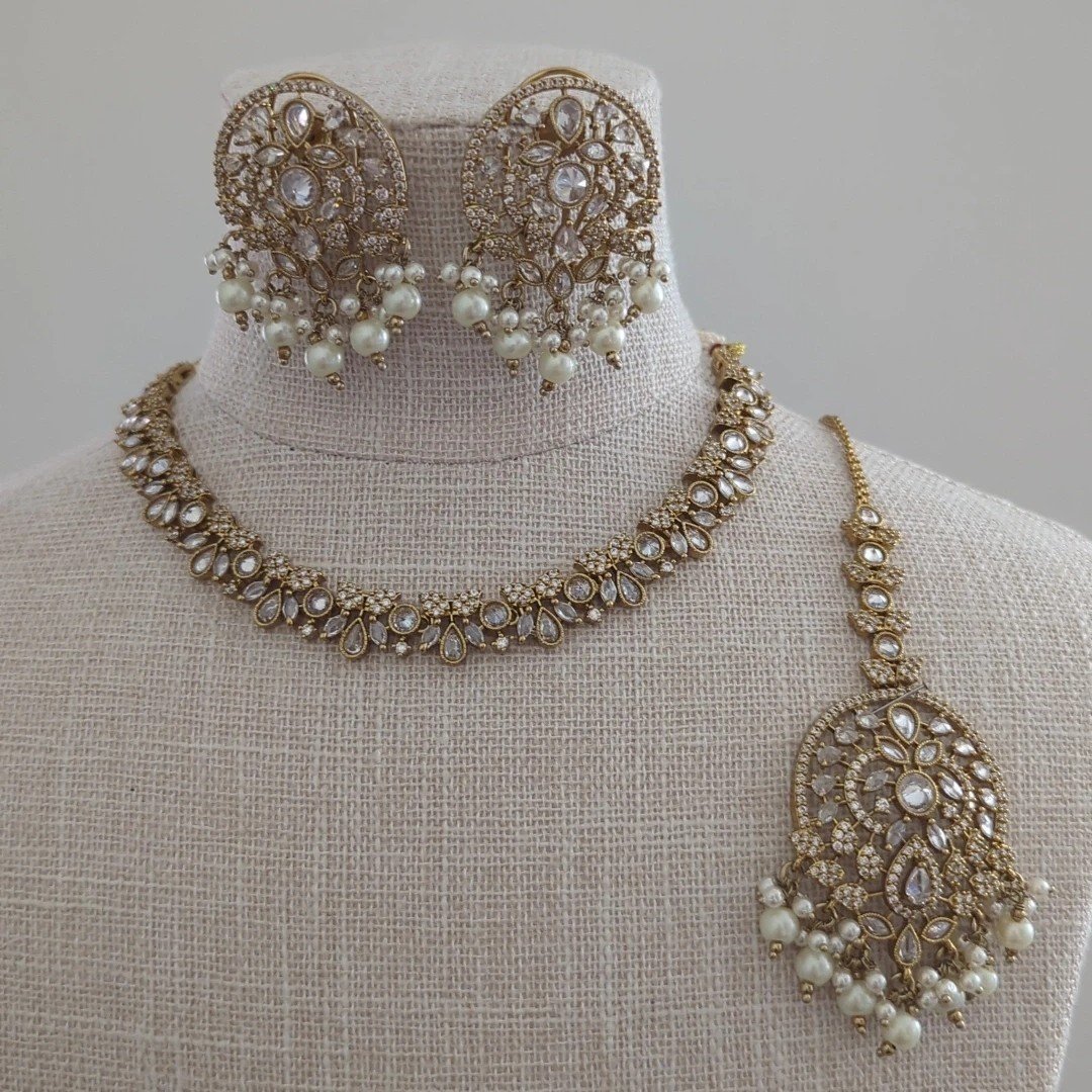 Gold Silver Simple American Diamond Neckline Jewellery Set Indian Wedding